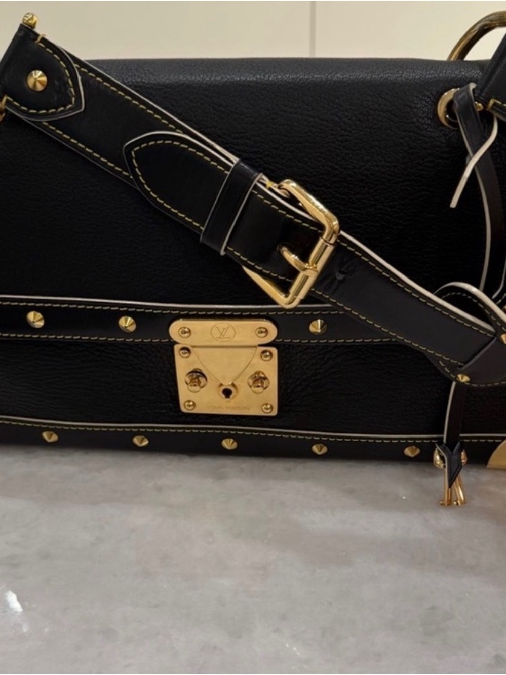 Louis Vuitton Black Leather Crossbody with Gold Hardware and Stud Accents
